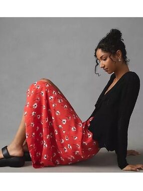Anthropologie Maeve Lille Side-slit Midi Skirt Red Floral Pattern Size 6